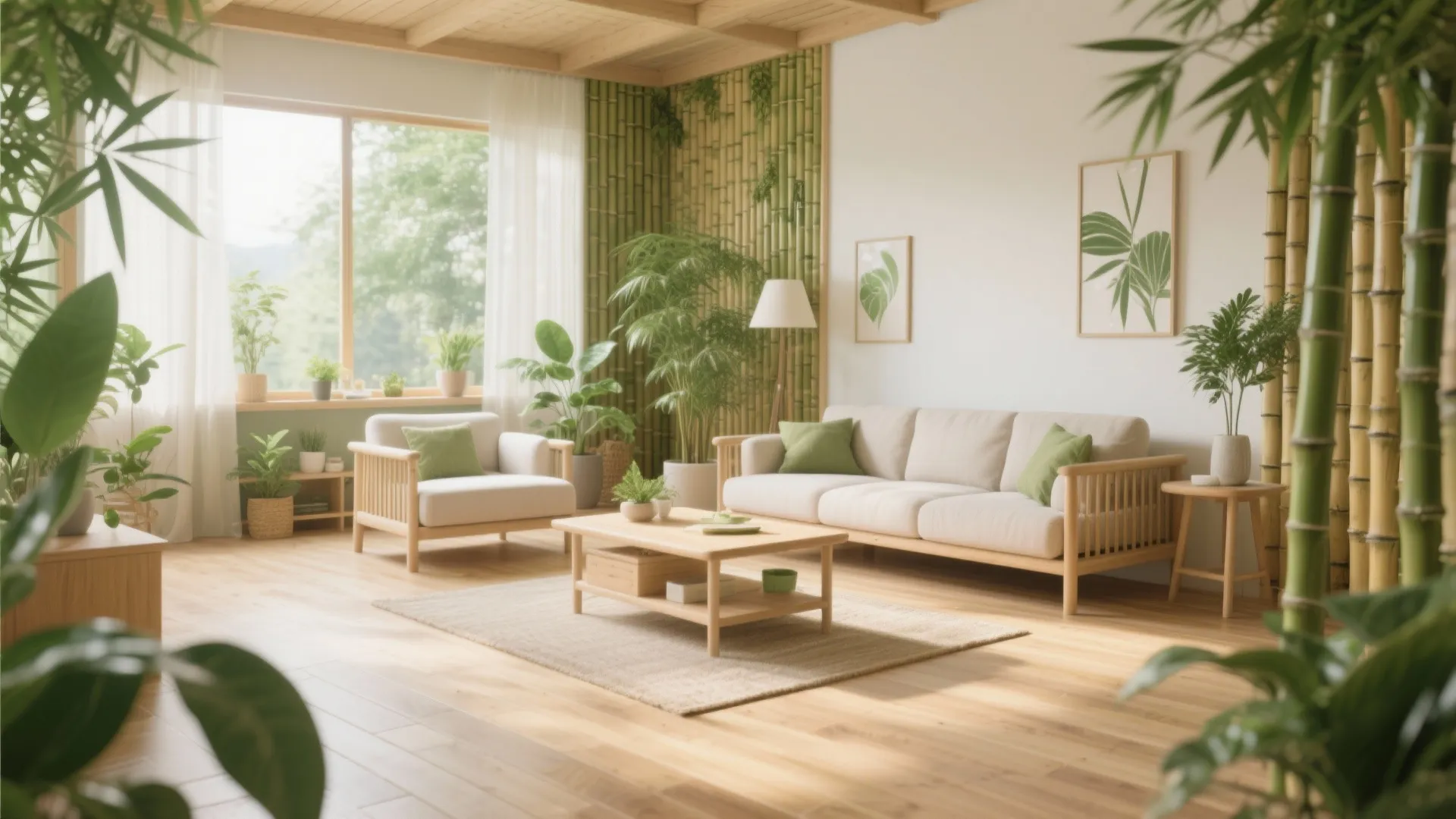 Bright sustainable living room with bamboo flooring