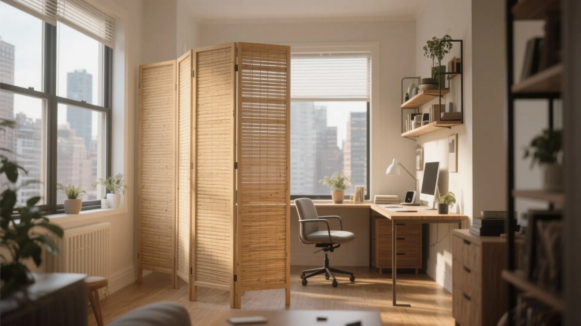 Bamboo folding screen used as a room divider next to a wooden home office desk