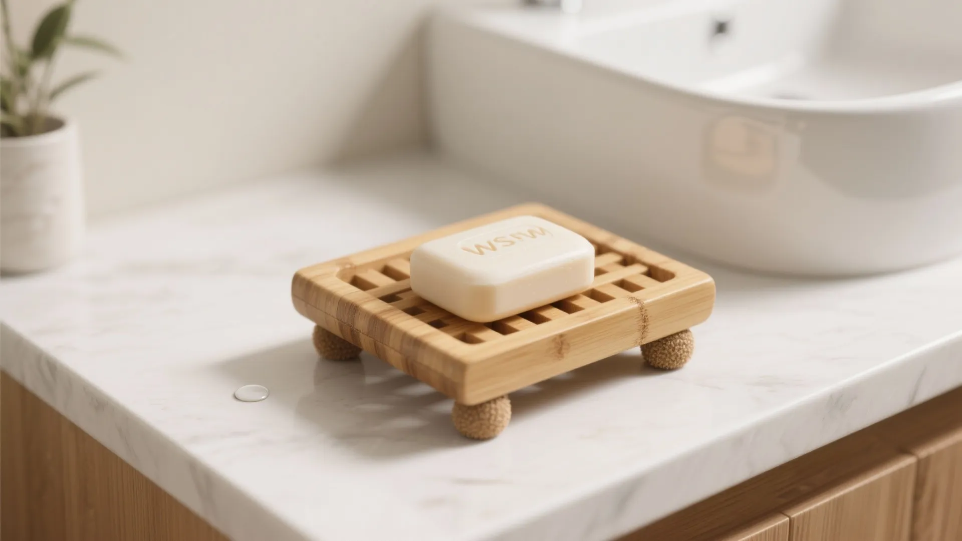 Bamboo drainage-grid soap stand with a slight tilt on a white basin countertop.
