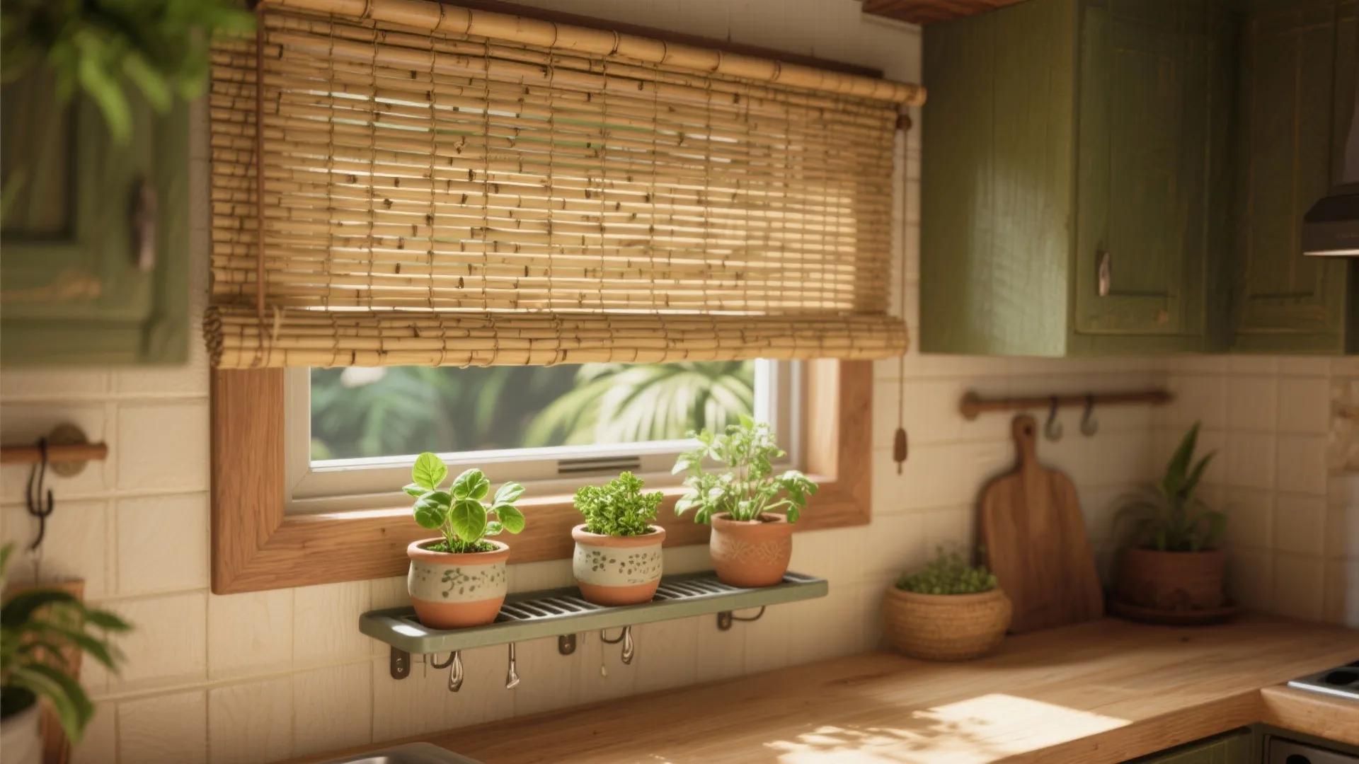 Cozy kitchen window featuring bamboo blinds small herb pots on a shelf and green wooden cabinets