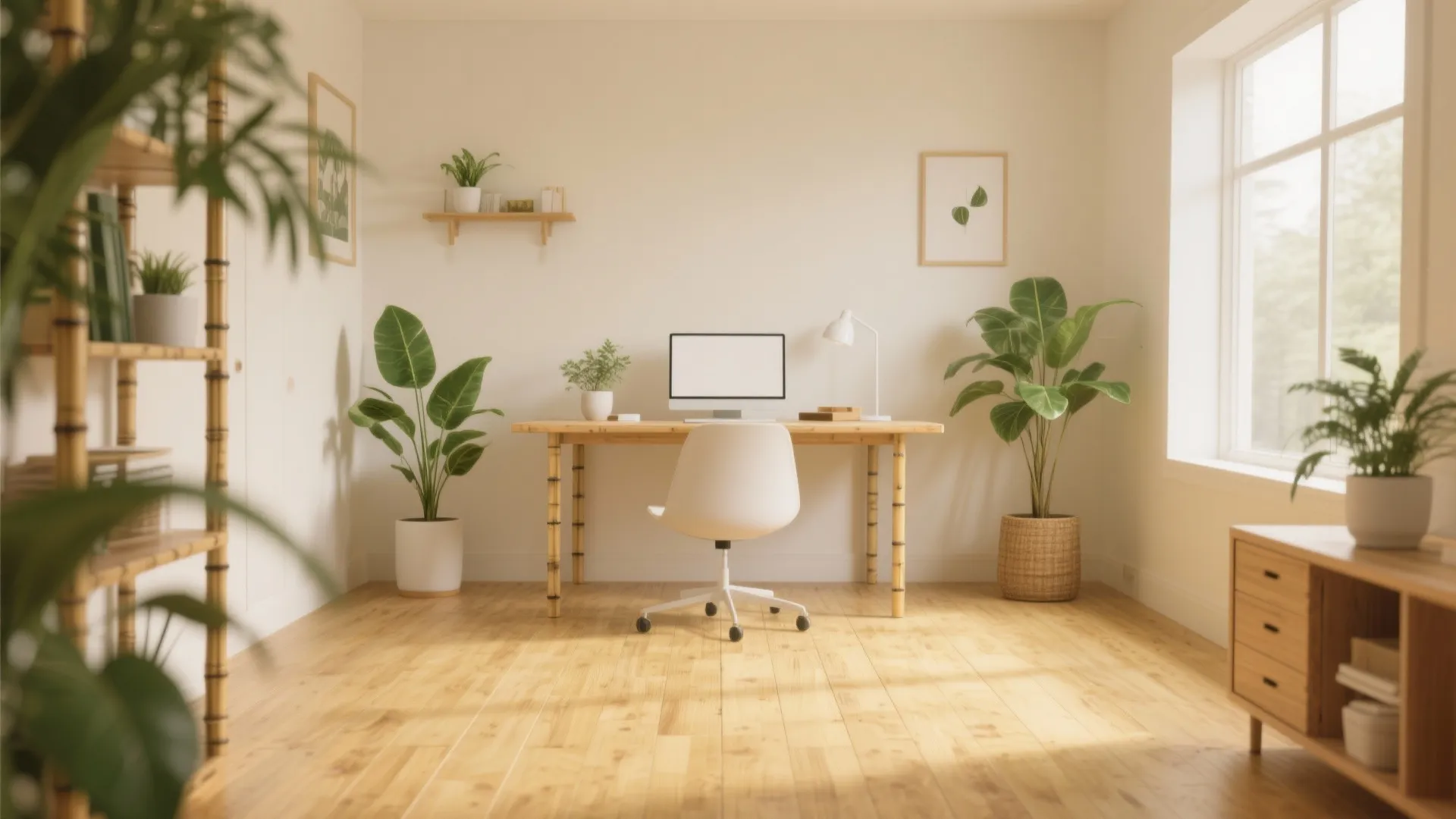 Bright home office with bamboo furniture wood floor white chair desk computer and many green plants