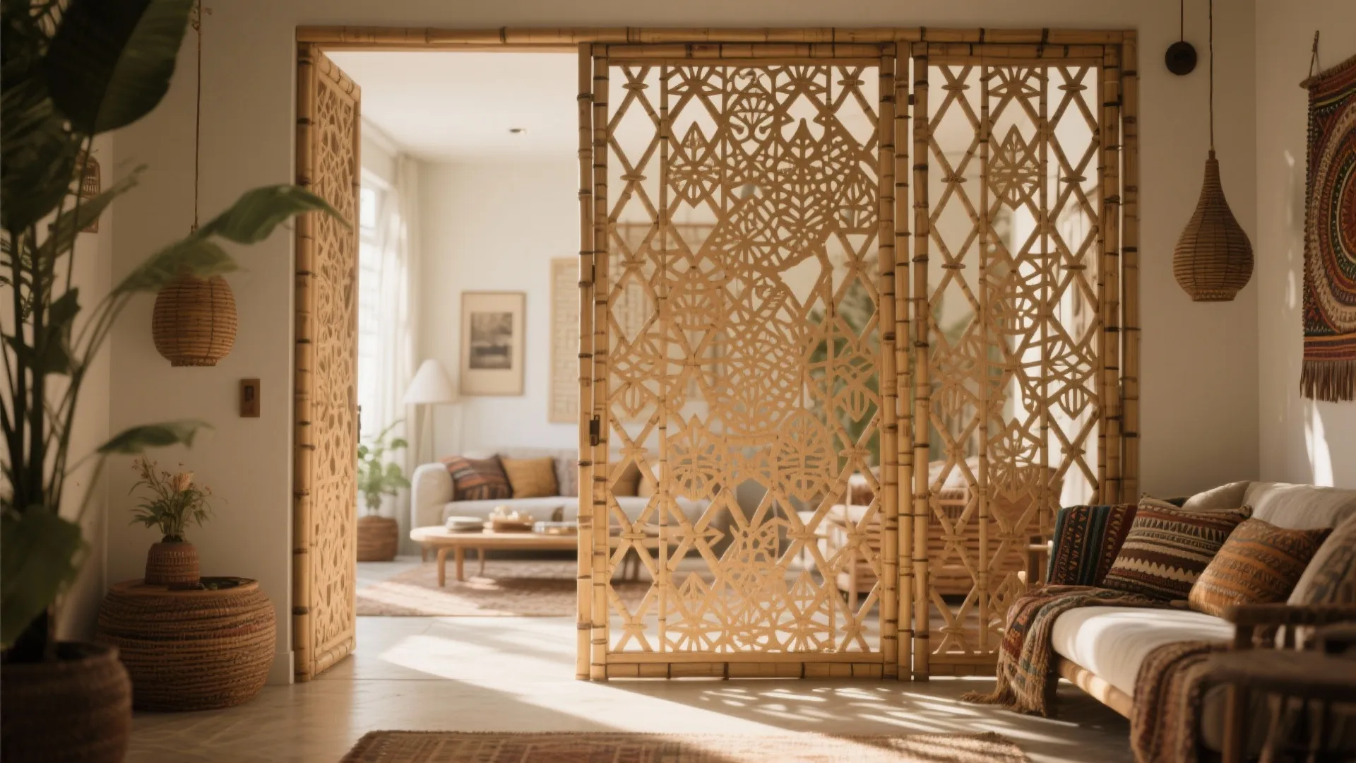 Cozy living room interior featuring a decorative wooden room divider with intricate patterns and sofas