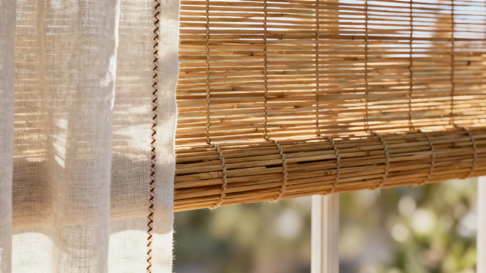Close up detail of a white linen curtain with brown stitching next to bamboo window blinds