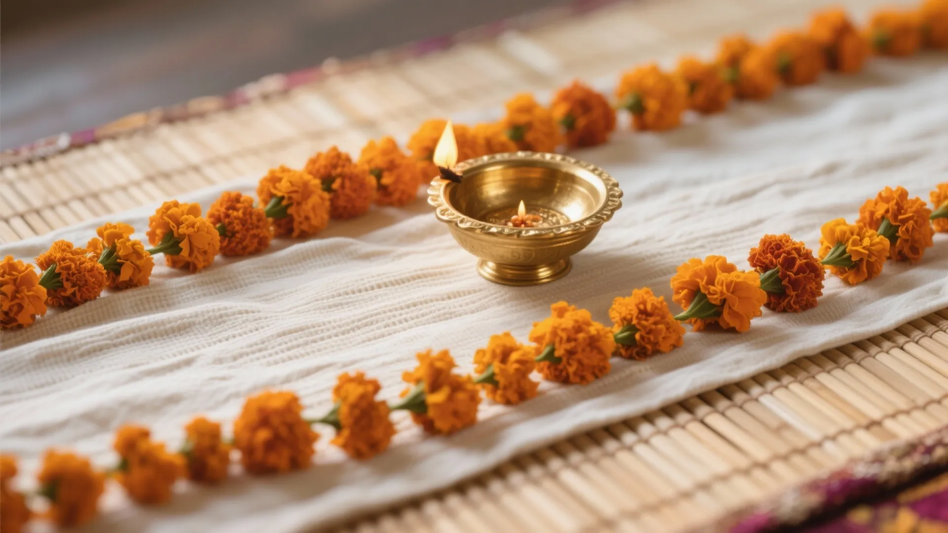 Brass oil lamp on white cloth surrounded by rows of orange flowers and bamboo mat