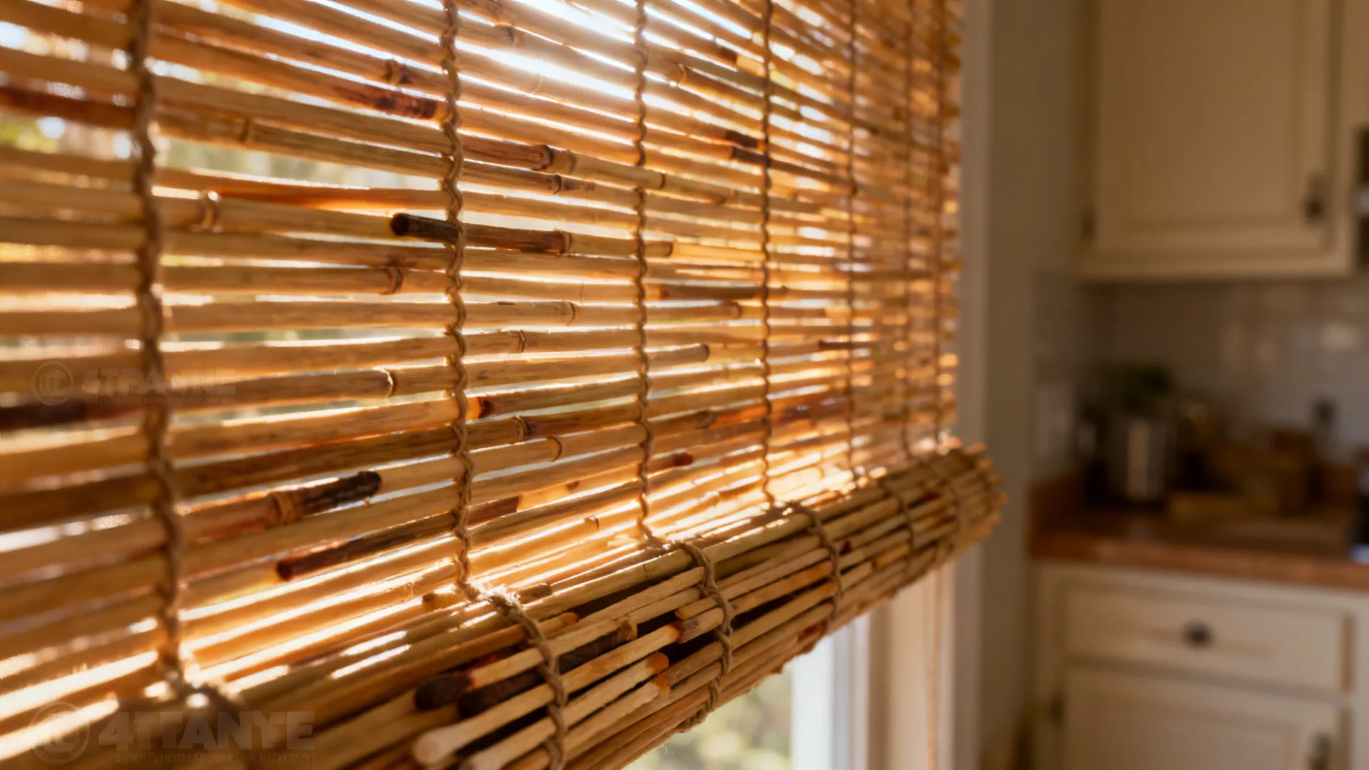 Close up of bamboo window blinds with sunlight filtering through the gaps in a kitchen