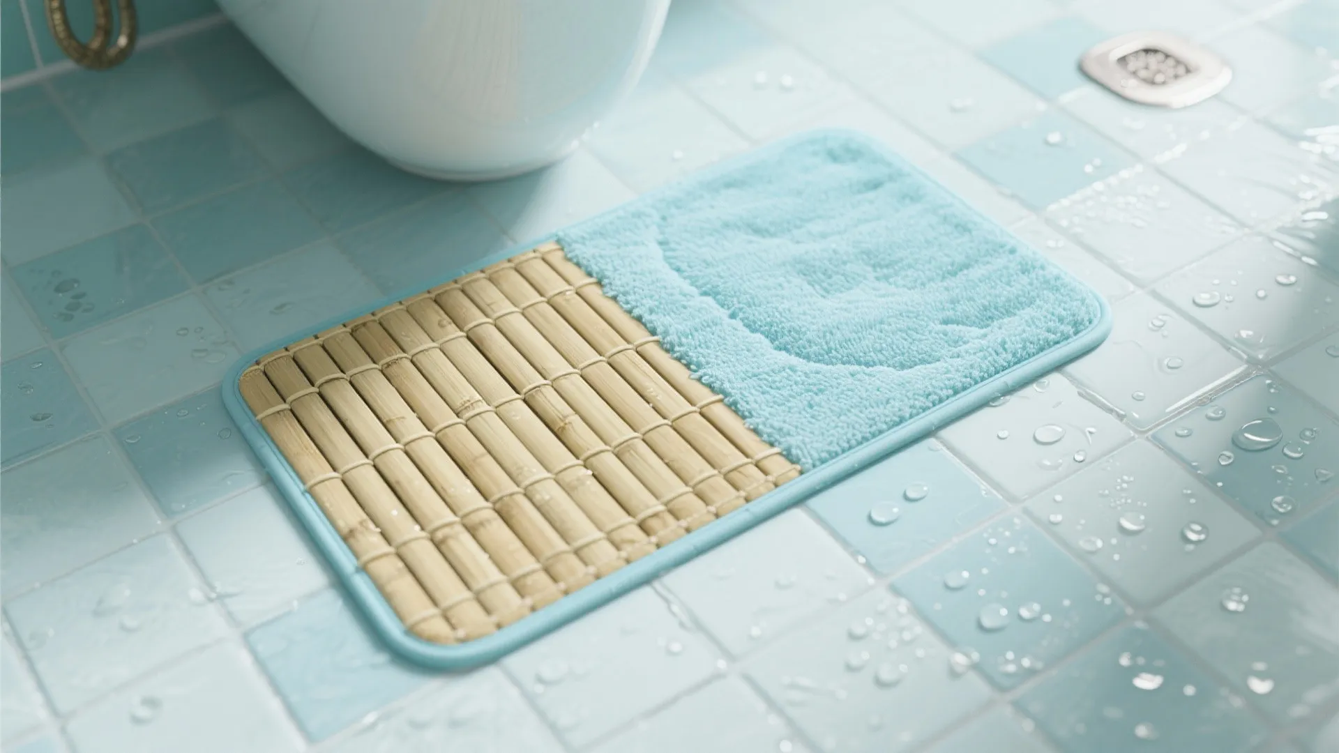 Reversible bamboo bath mat with light-blue accents shown top-down in a wet-room context