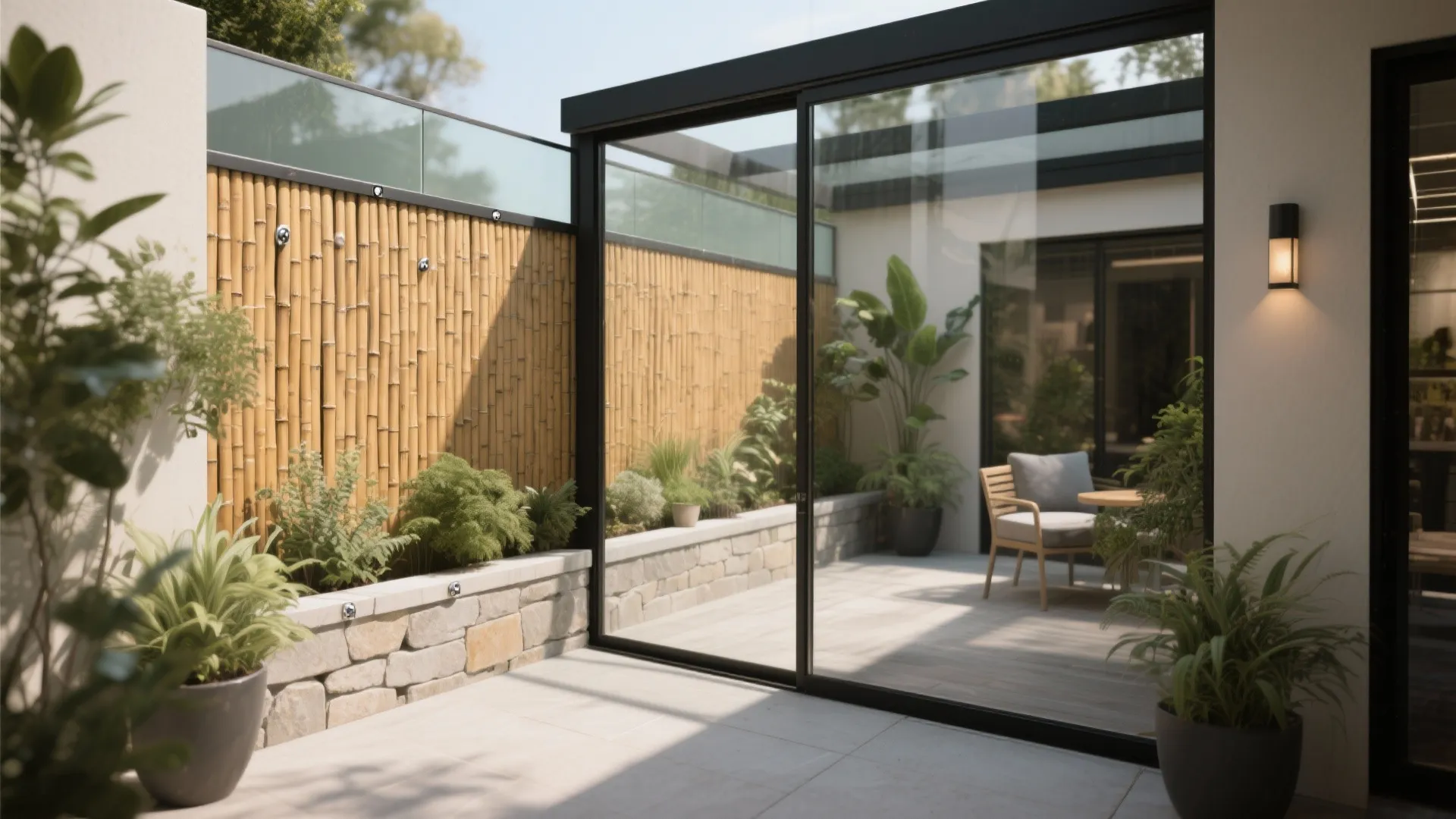 Mixed Materials: Bamboo + Glass or Stone Accents