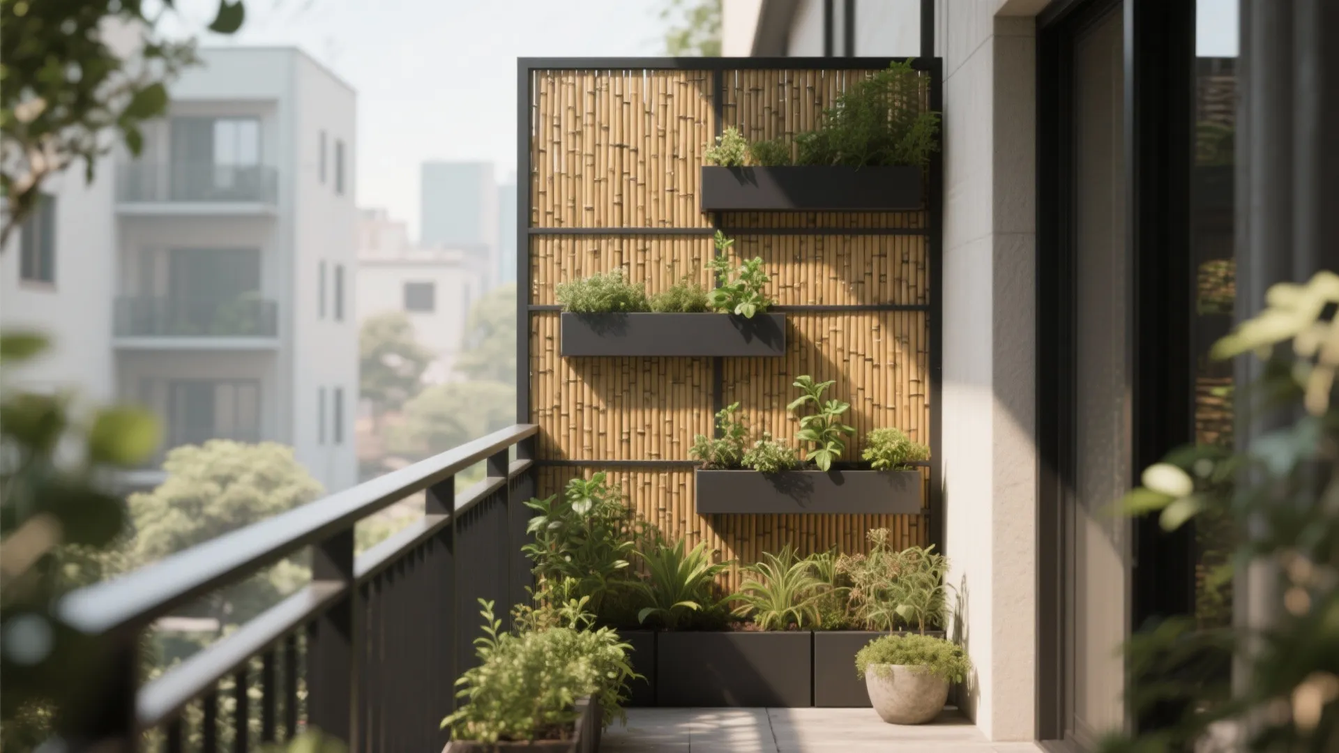Modular Bamboo Privacy Wall with Planter Pockets