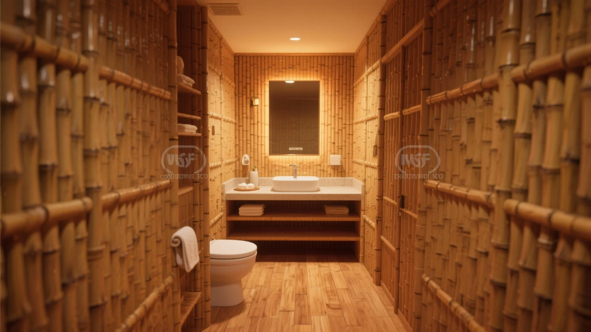 Unique bathroom interior with bamboo pole walls, wood flooring, white sink, toilet, and lighted mirror