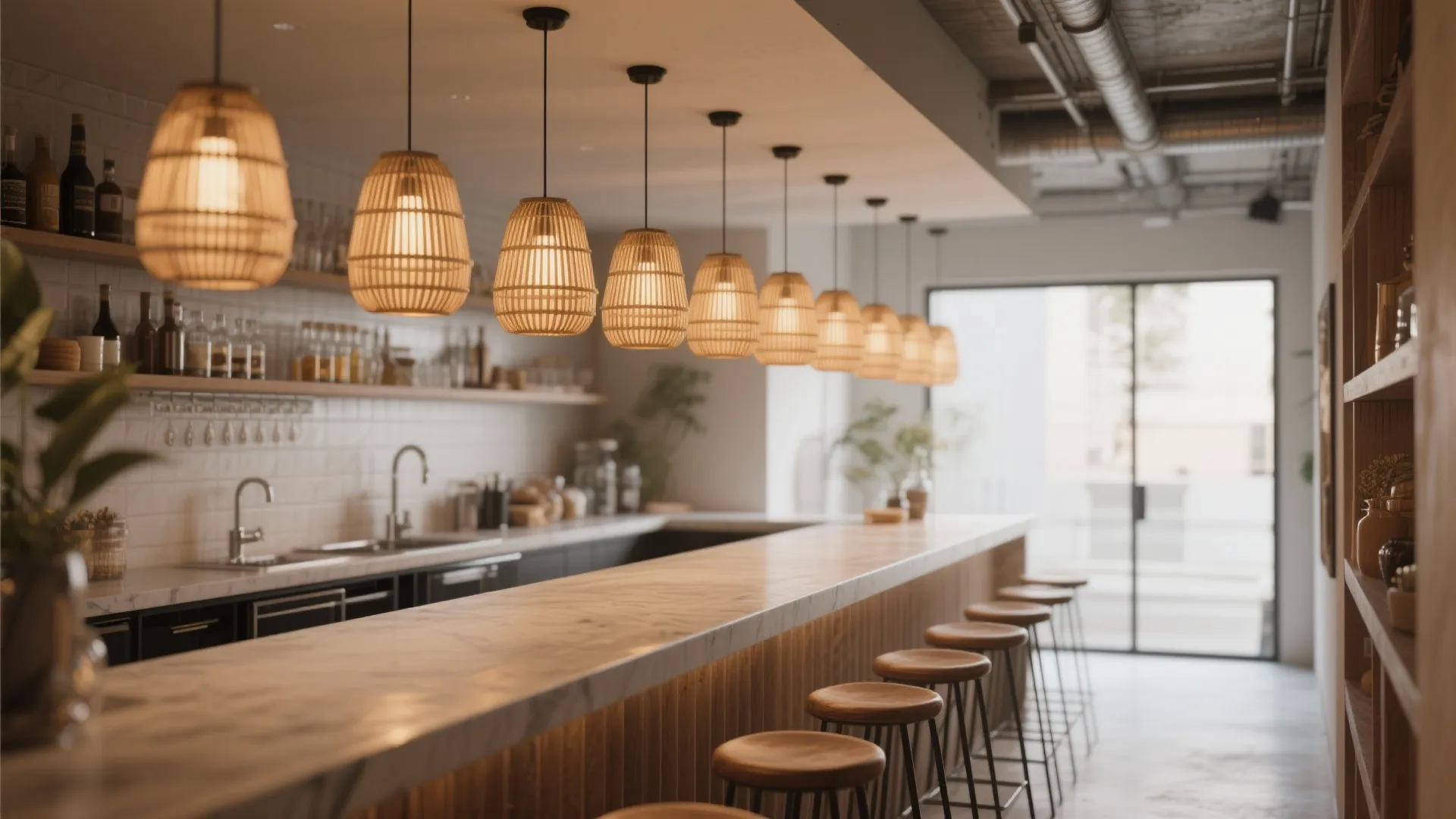 5: Small Bamboo Pendant Cluster over a Dining Bar