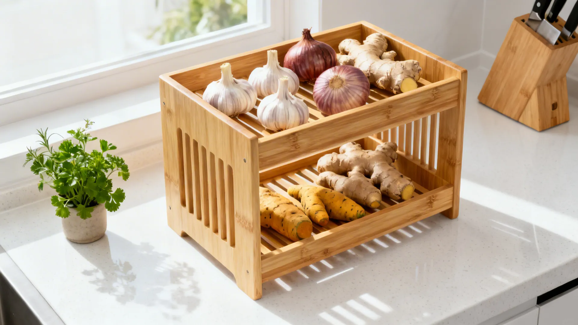 Two-tier bamboo rack on a white counter neatly storing garlic, shallots, ginger, and turmeric.