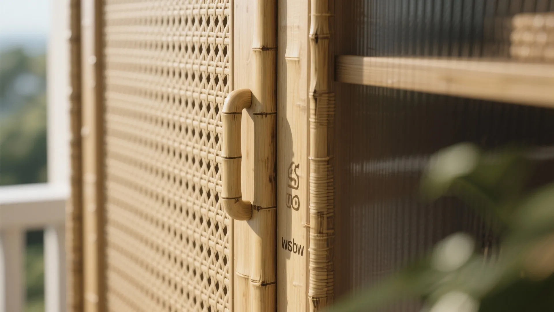 Macro of bamboo cabinet edge and rattan weave with concealed pull.