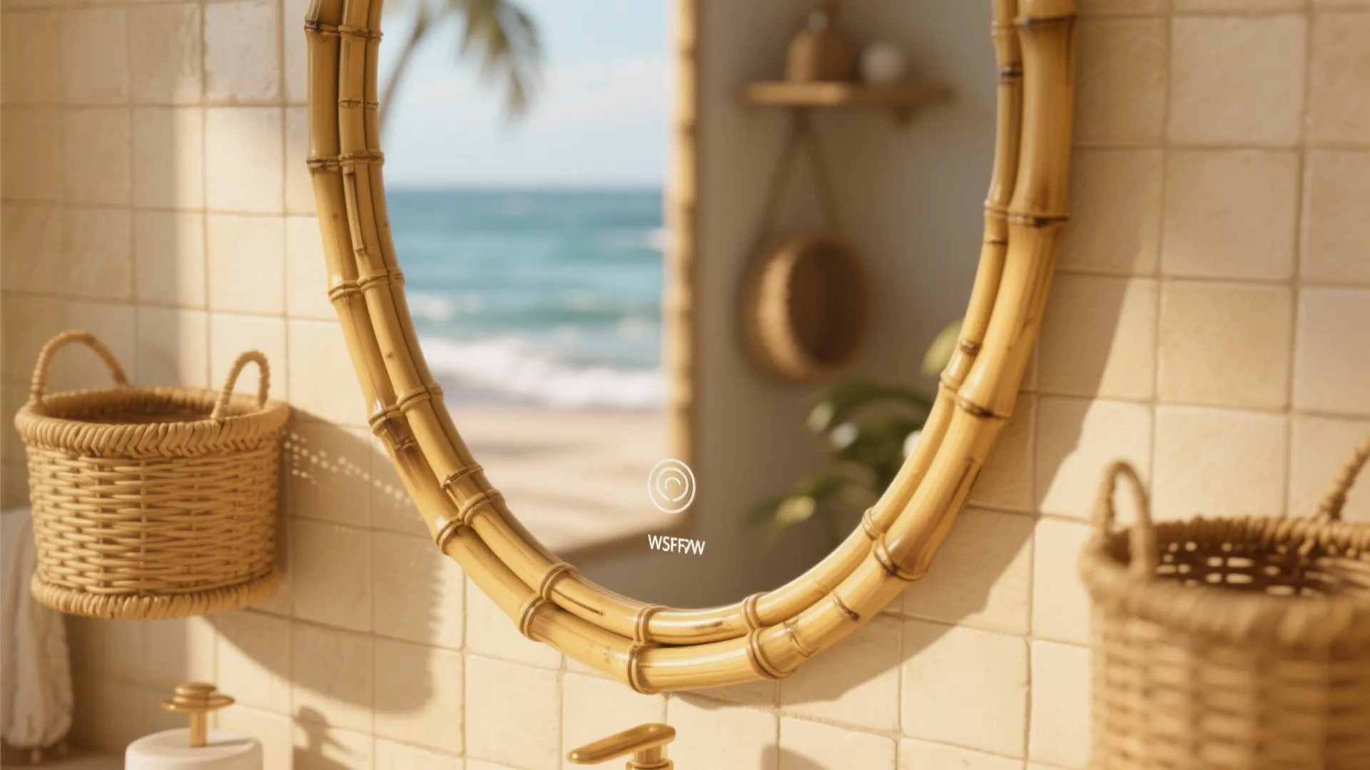 Bamboo framed mirror with natural warmth in coastal style