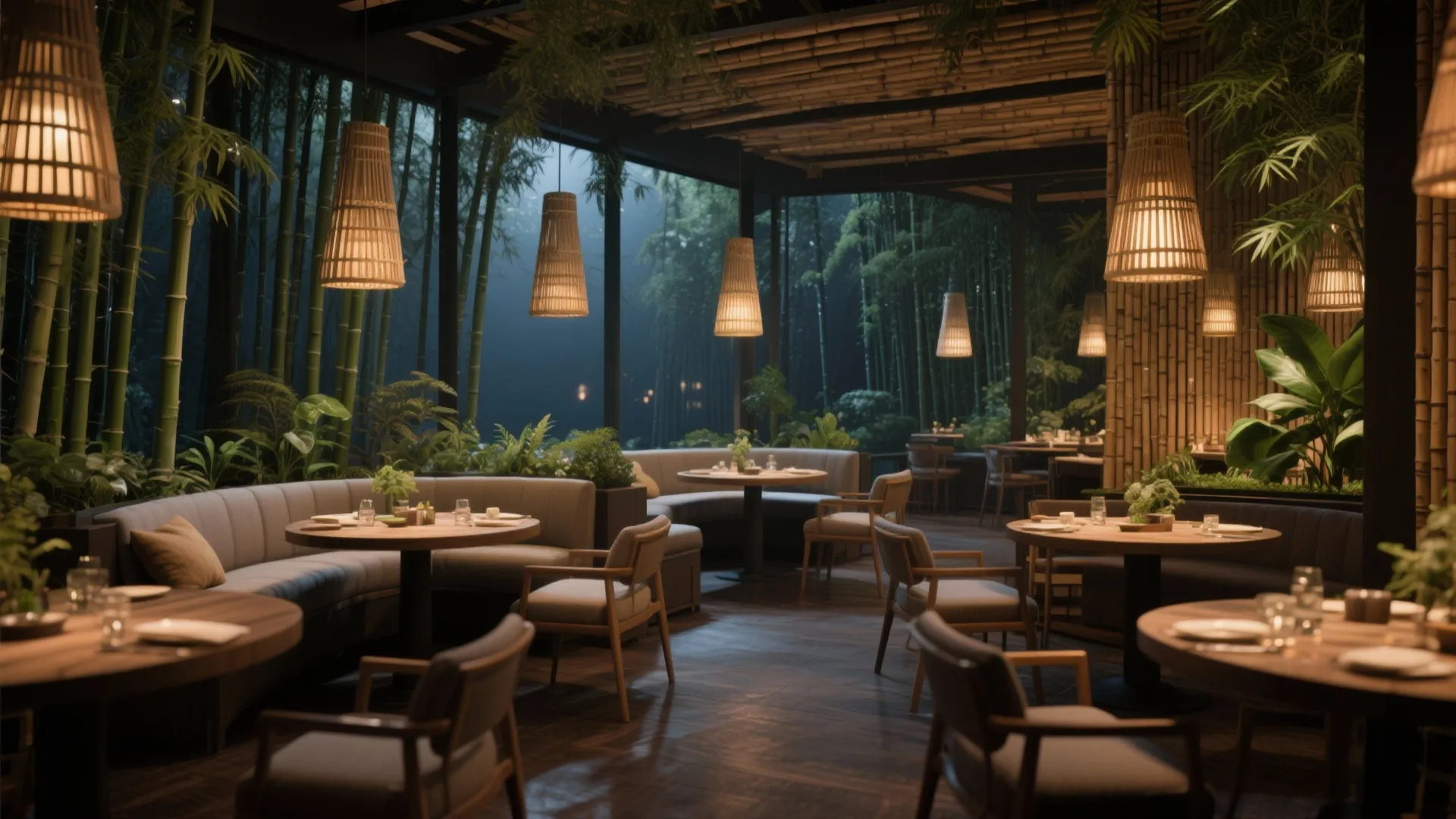 Modern dining room with curved grey sofas, round wooden tables, light fixtures, and bamboo forest