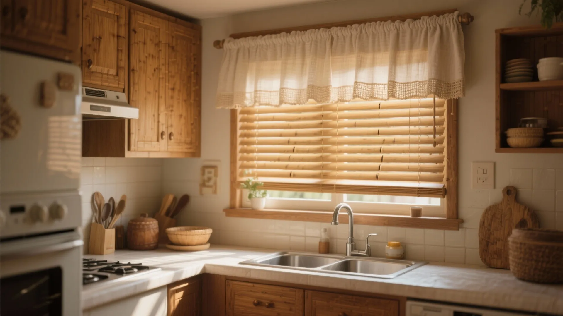Bamboo roll-up blinds bring natural warmth to kitchen