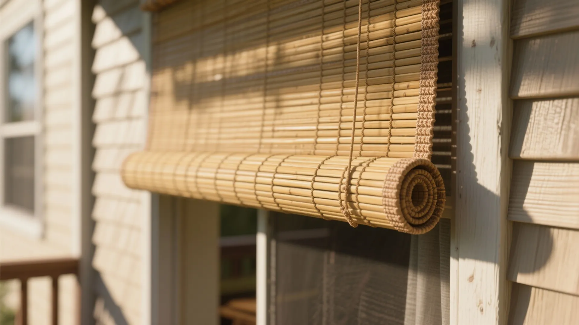 Close-up of a roll-up bamboo shade showing woven texture and light filtering through slats on a porch.