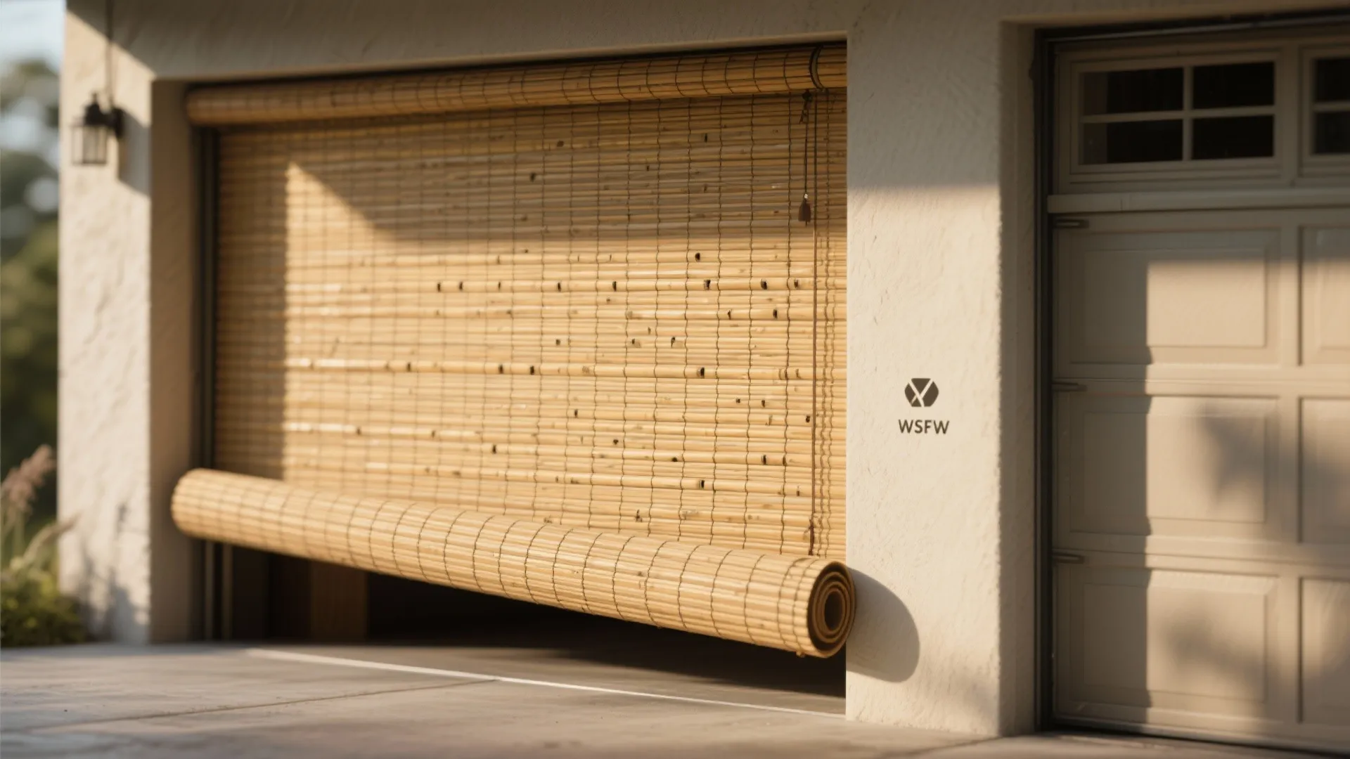 Bamboo roll up curtain installed on a garage opening with warm sunlight and soft shadows