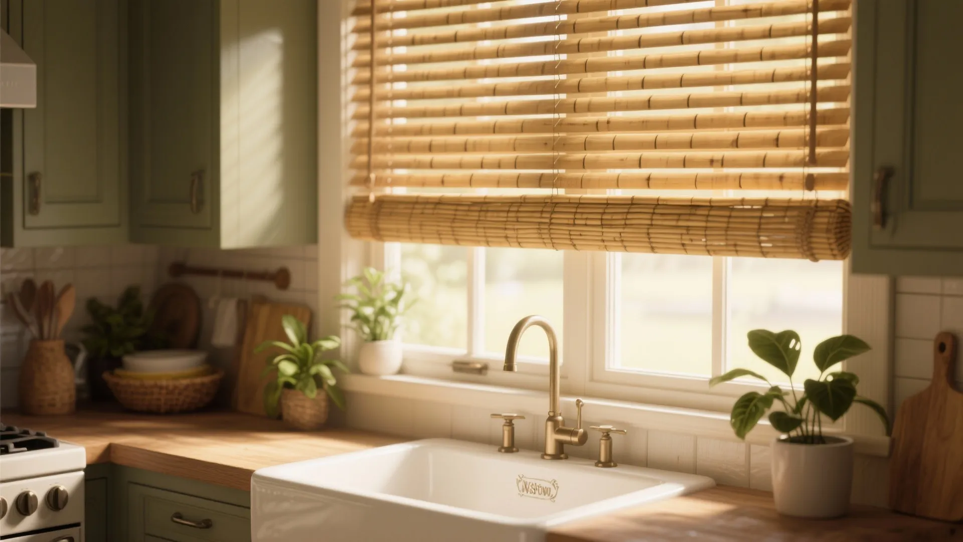 Kitchen window with bamboo blinds above a white sink with gold tap and green cabinets