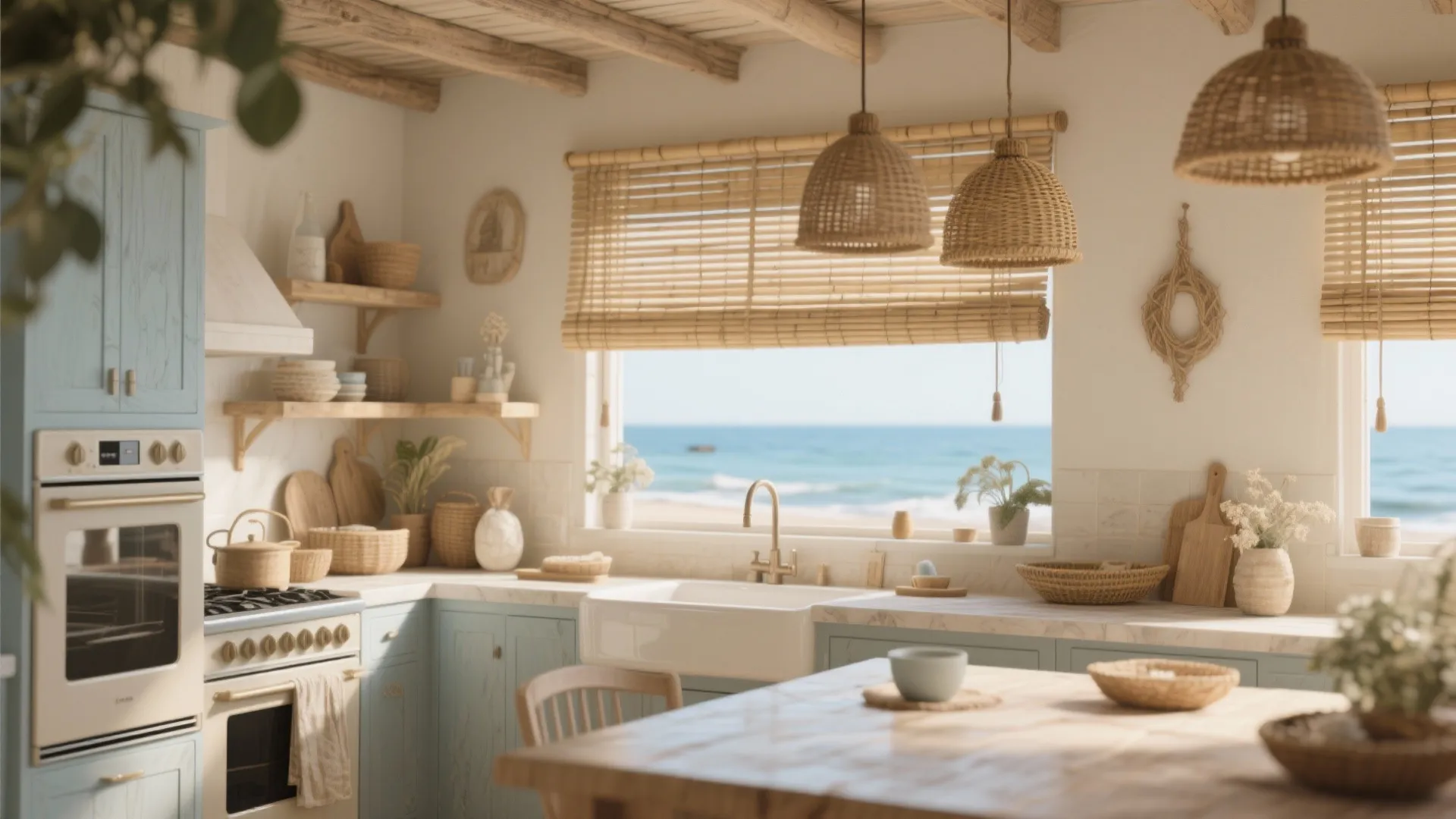 Coastal kitchen with blue cabinets bamboo window shades woven ceiling lights and view of beach