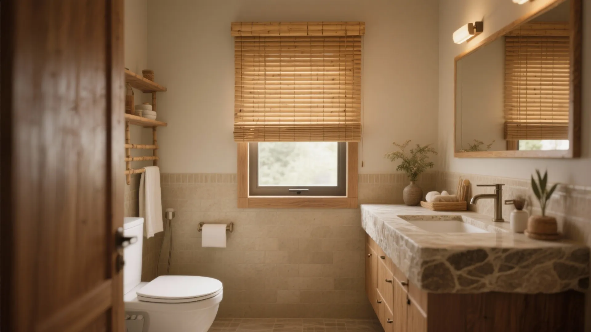 Rustic bathroom with wooden bamboo window blinds over a small window and a stone countertop