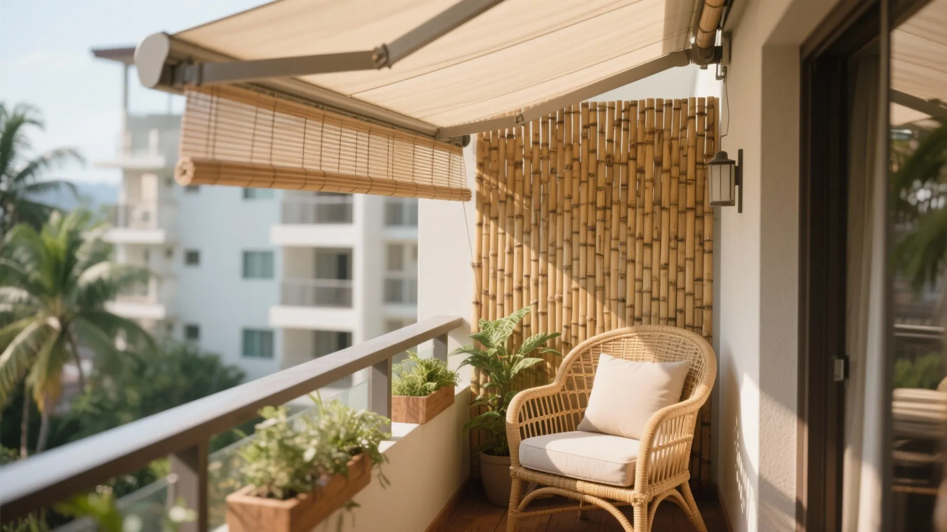 Sunny balcony featuring bamboo privacy screen rattan chair with white pillow and a beige awning