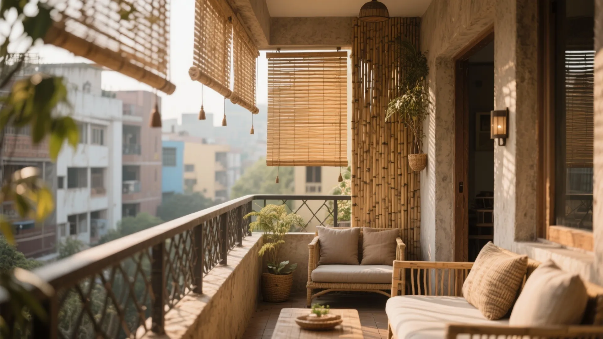 Cozy balcony with bamboo wall panel plus rolling blinds and comfortable sofa with soft cushions