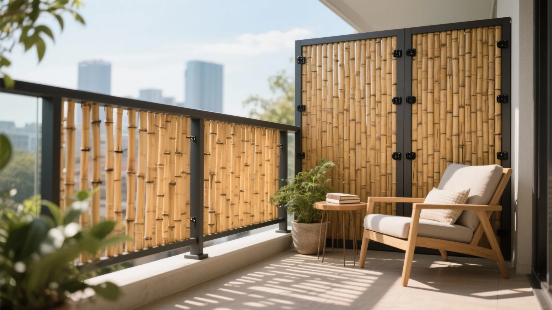 Apartment balcony featuring a bamboo privacy screen wooden chair small side table and potted plant