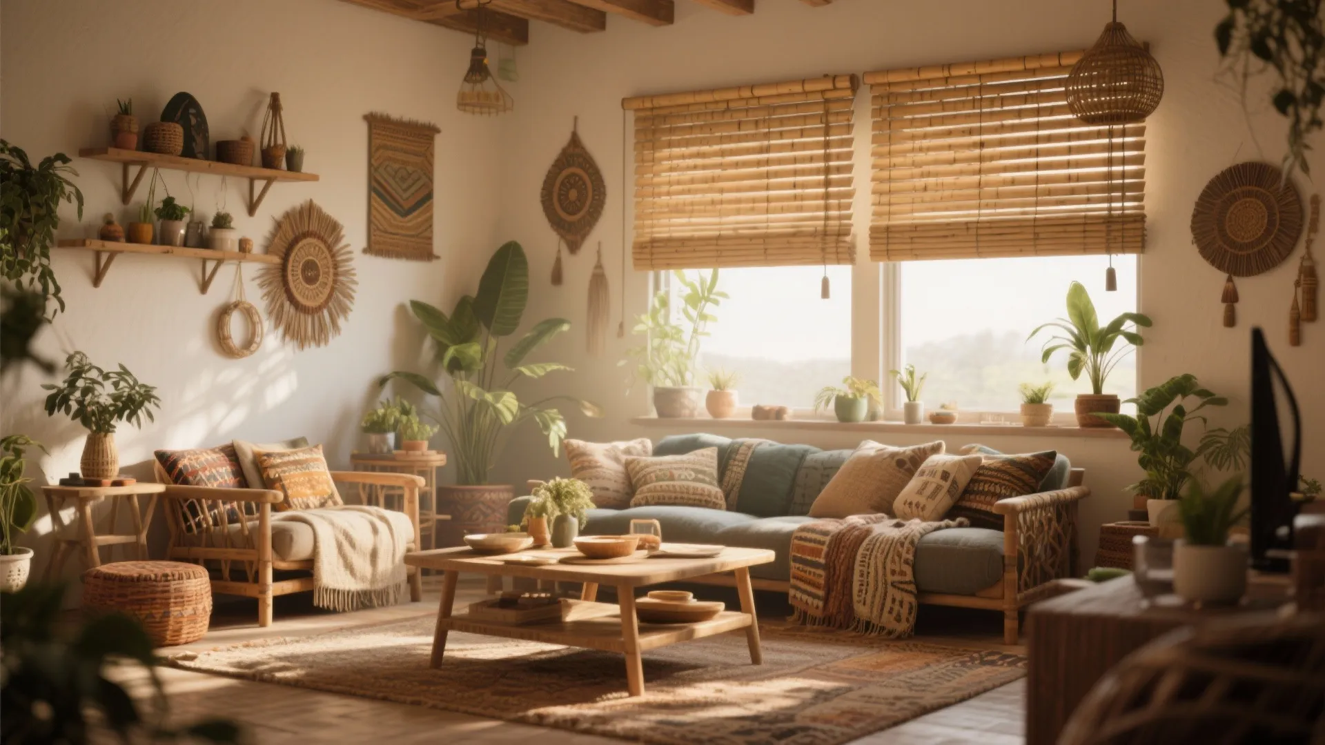Bamboo roll-up shades adding texture to a boho living room