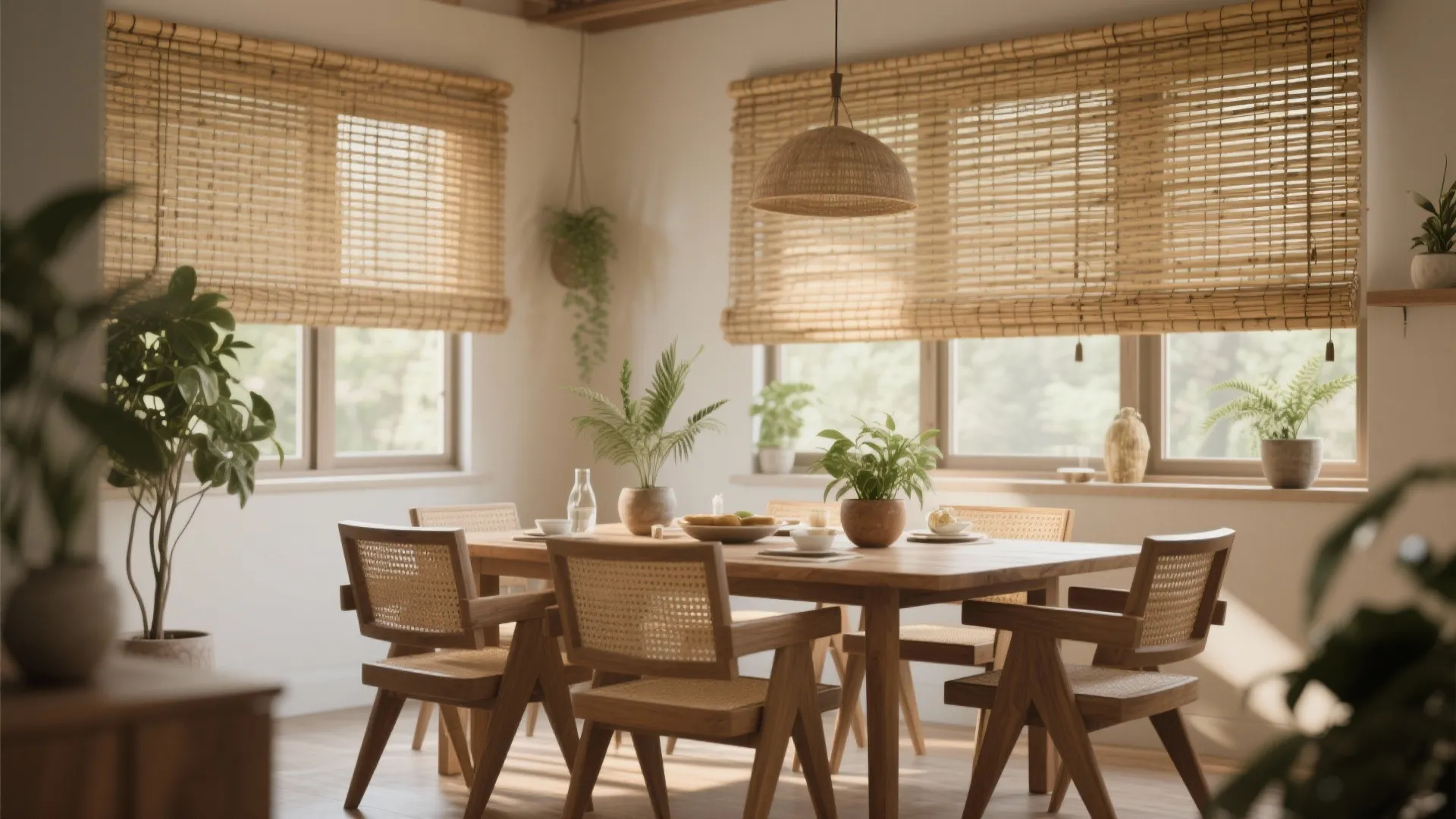 Dining room with natural bamboo shades and warm wood decor