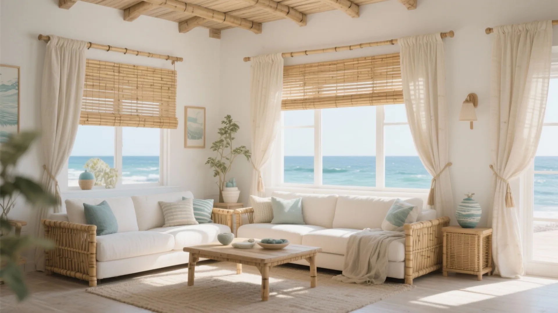 6. Natural Bamboo Shades with Side Drapes