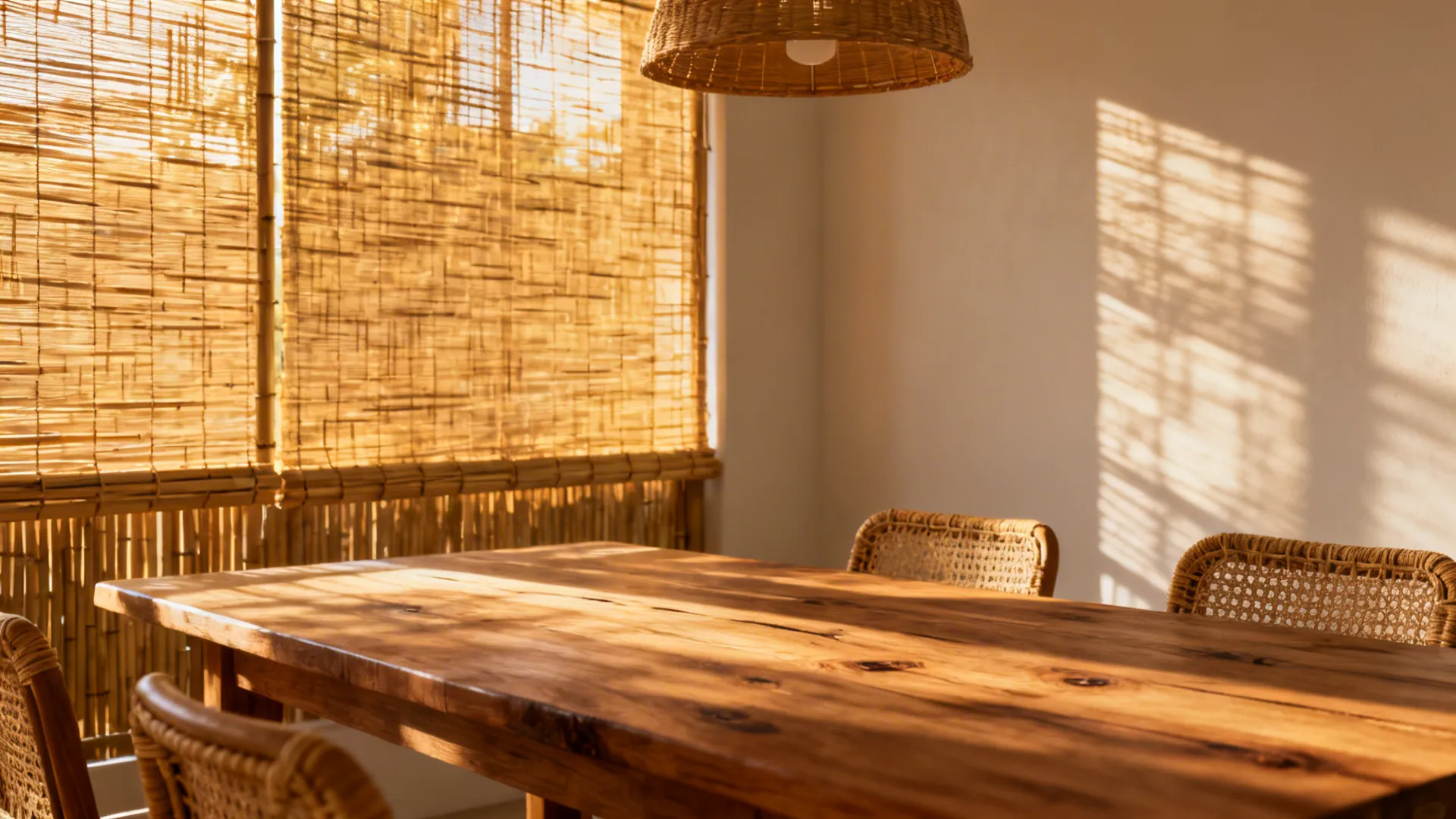 Sunlit dining room with wooden table, woven chairs, bamboo window shades, and hanging ceiling light