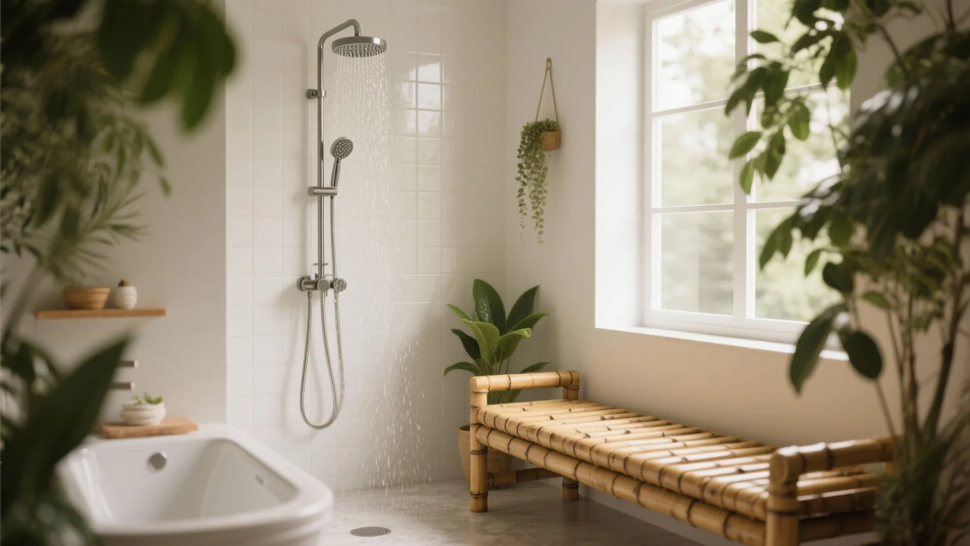 Modern bathroom with white tiles featuring bamboo bench near shower head and green indoor plants