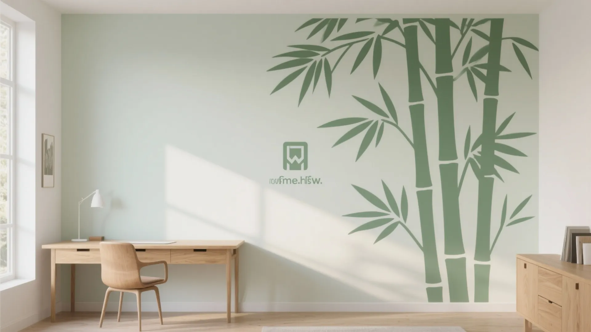 Minimalist home office with green bamboo wall art wooden desk chair white lamp and window