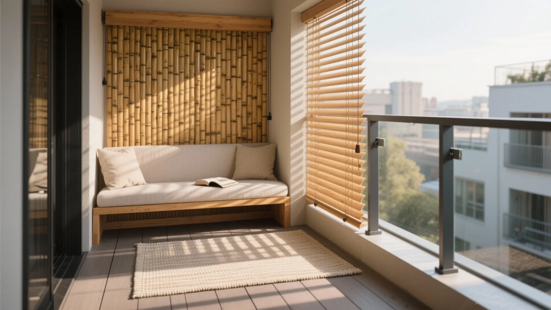 Cozy balcony design with bamboo wall panel wooden sofa light rug and blinds for natural sunlight