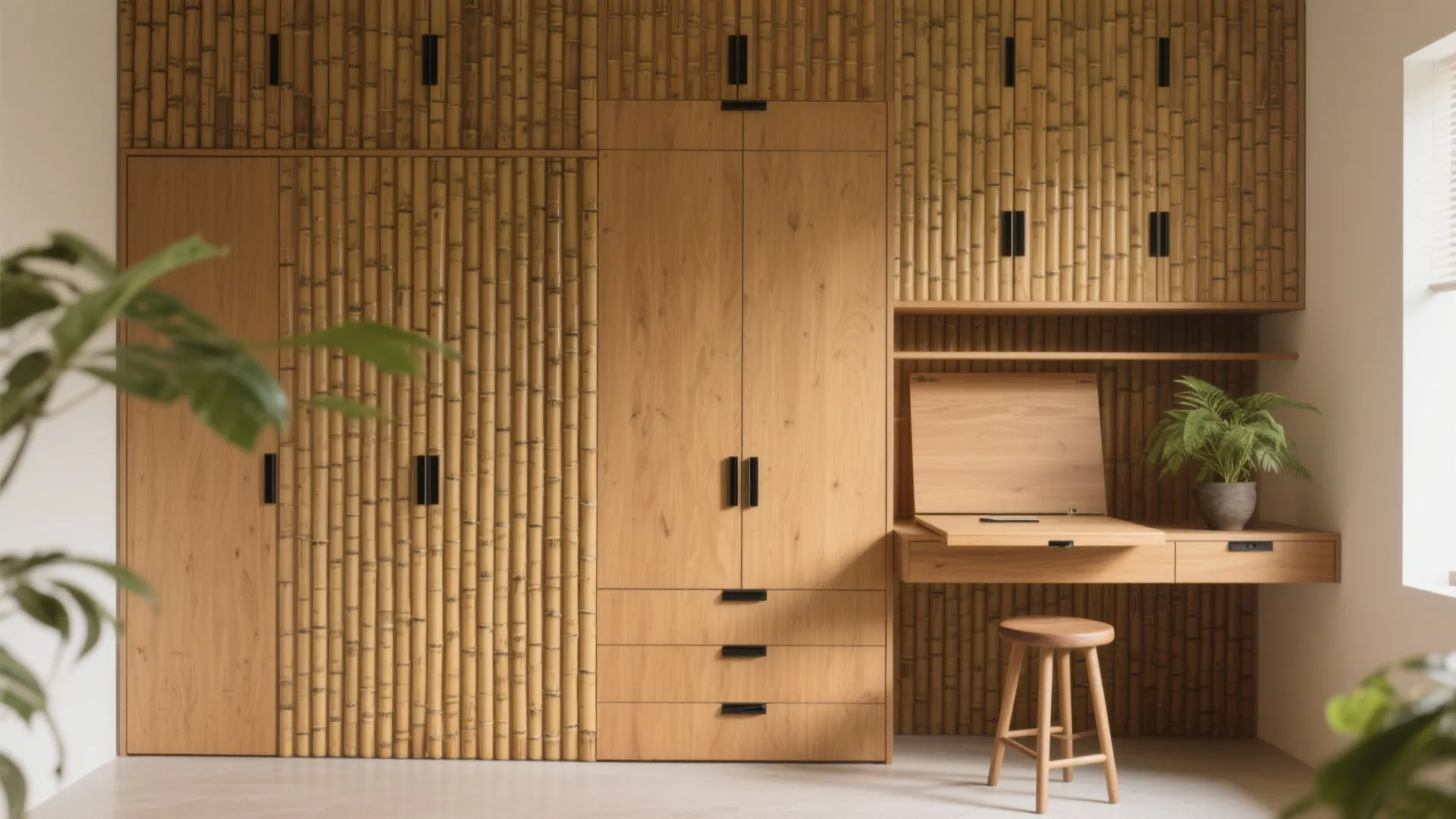Bamboo Slat Feature Wall with Hidden Storage