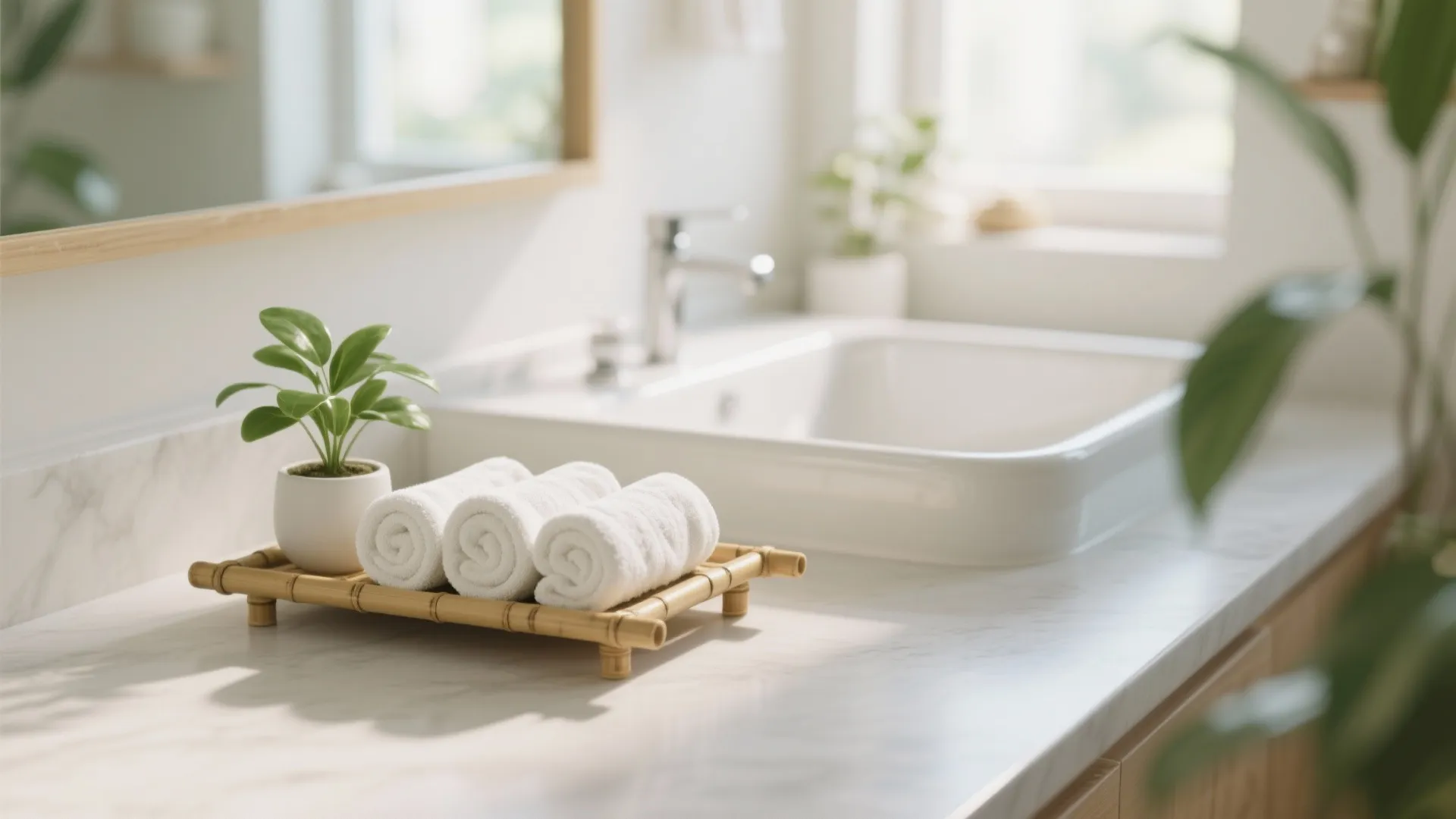 Bamboo tray holding three rolled white towels and small potted plant on white marble countertop