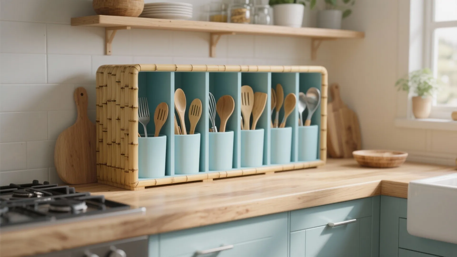 5. Multi-Compartment Bamboo Stand with Blue Accents