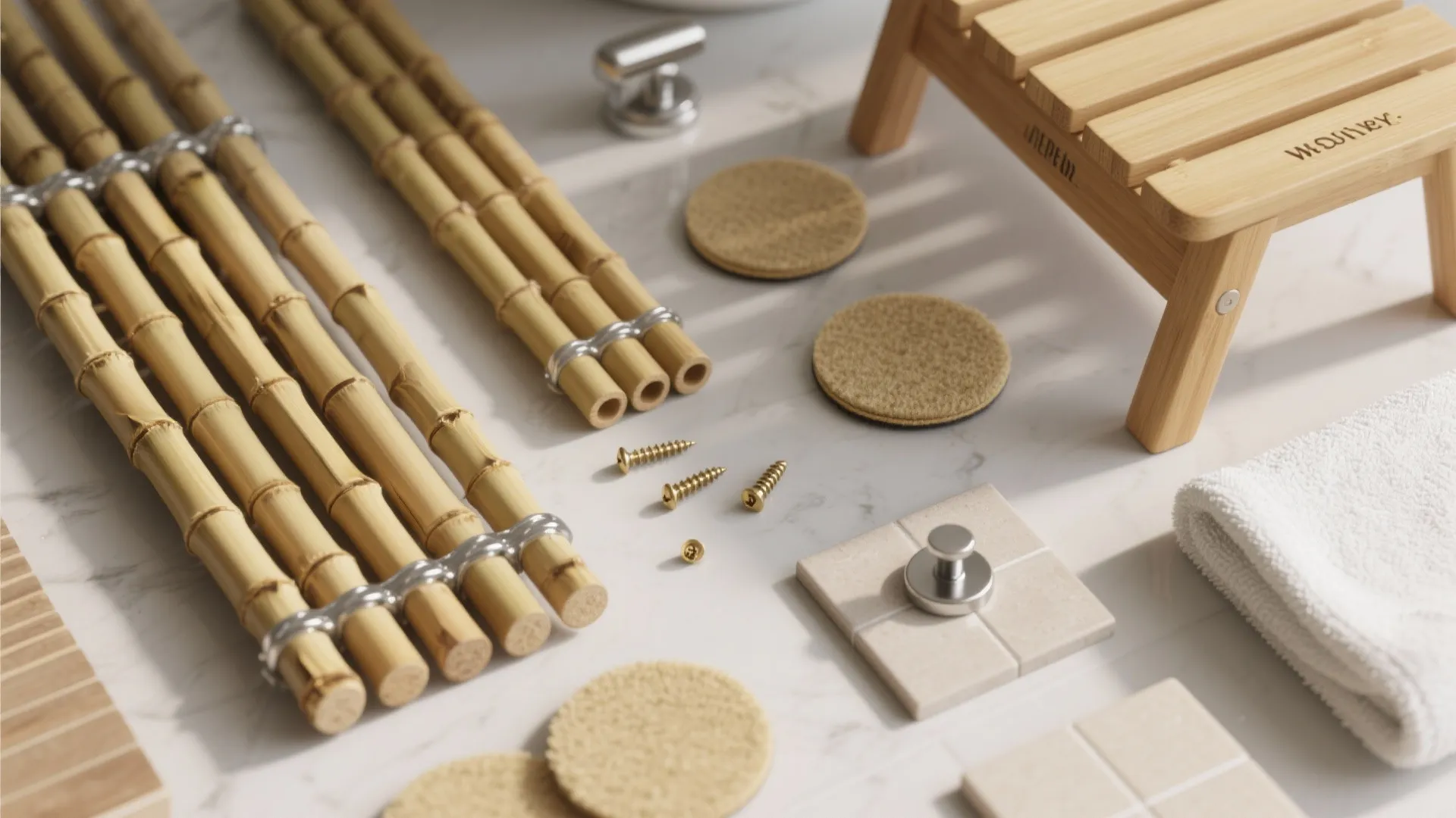 Top-down flat lay of bamboo slats, sealant, felt pads, towel, and tile sample.