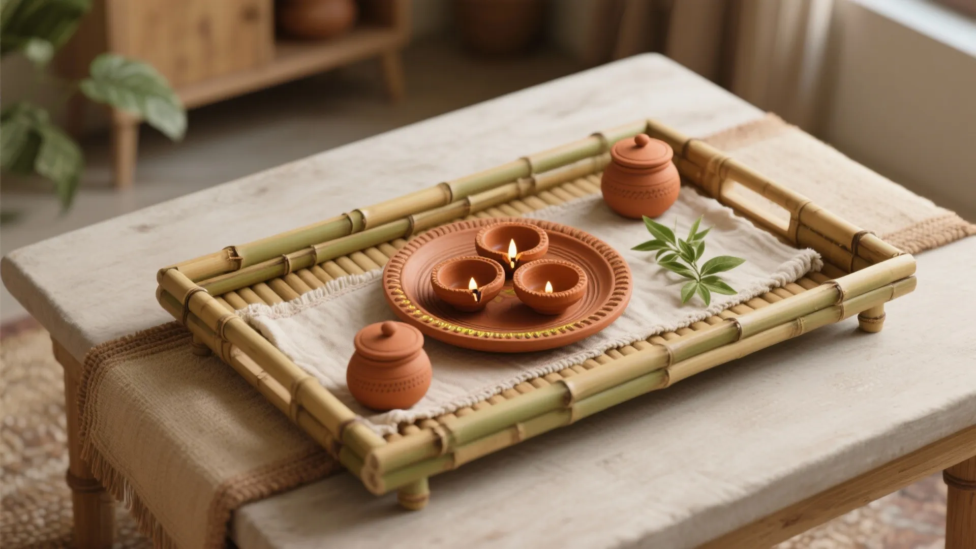 5) Sustainable Bamboo & Terracotta Trays