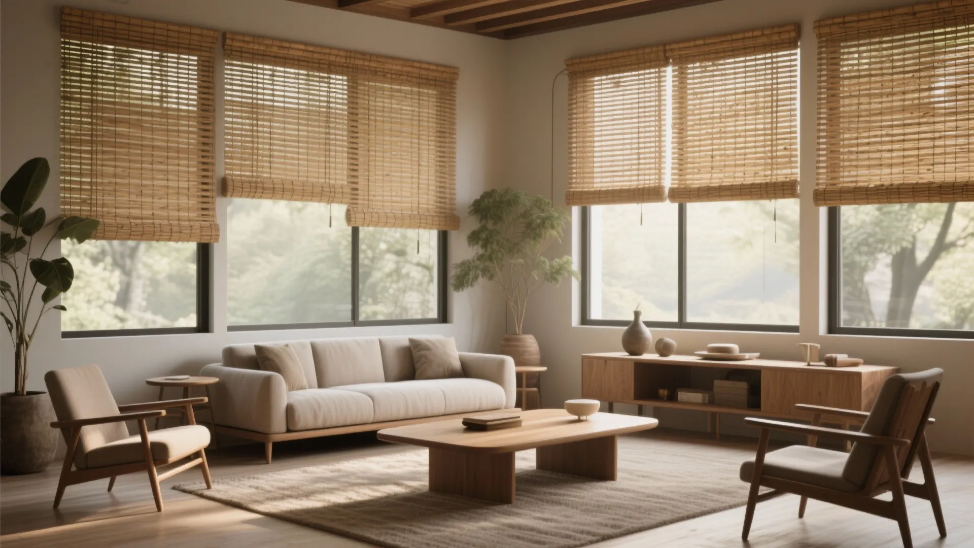 Minimalist living room with bamboo woven wood shades