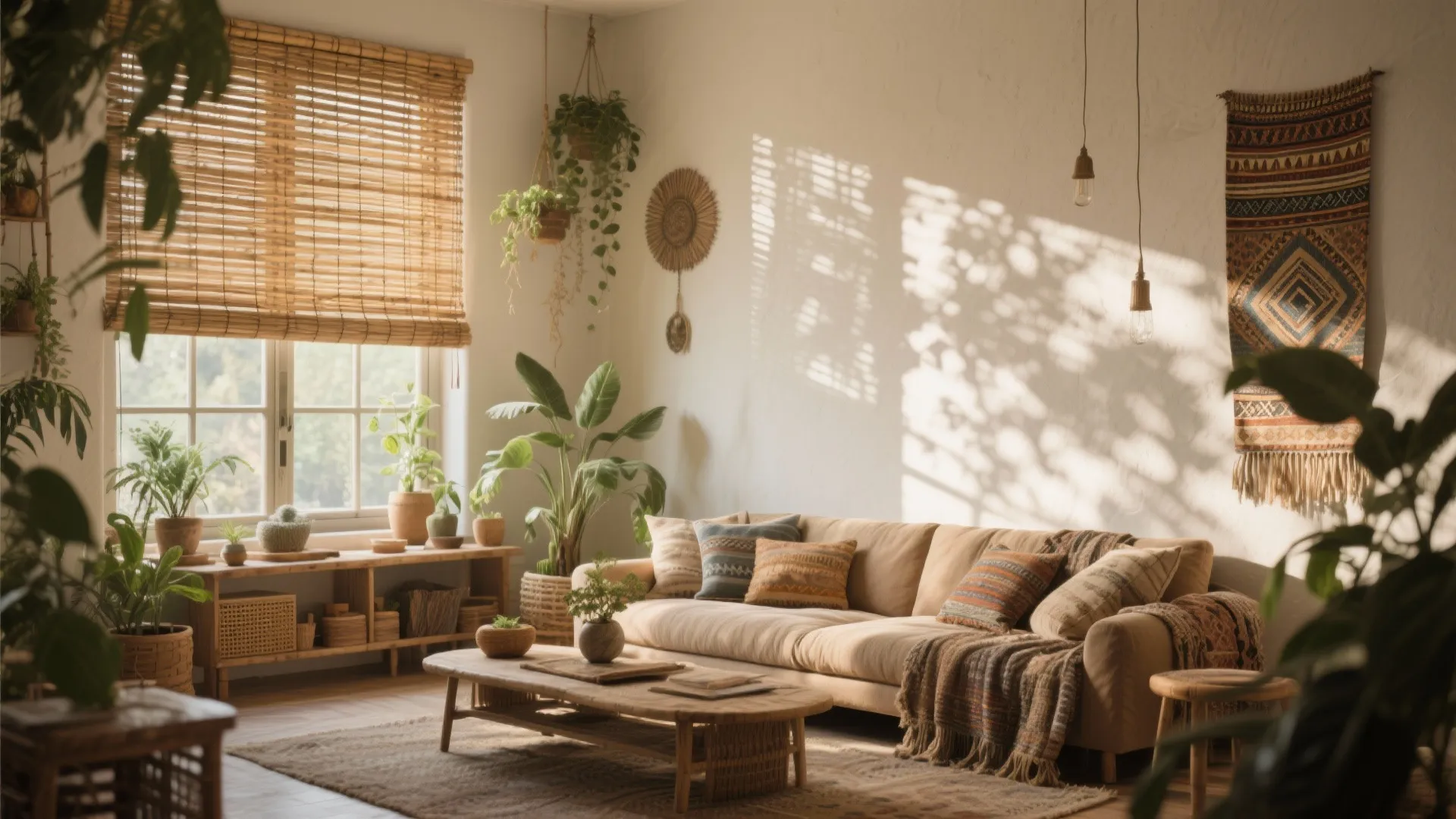 Boho living room with woven bamboo blinds on large windows