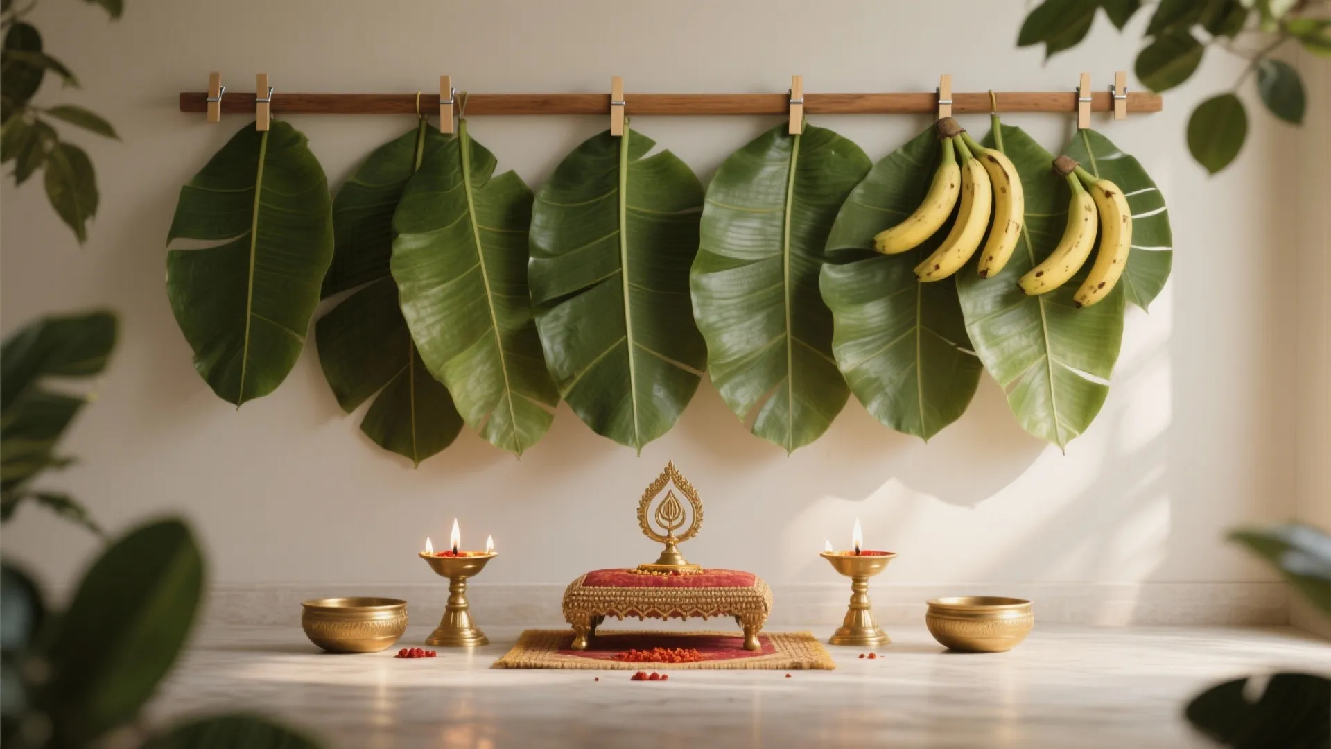 Layered Banana-Leaf Backdrop as a Sacred Canvas