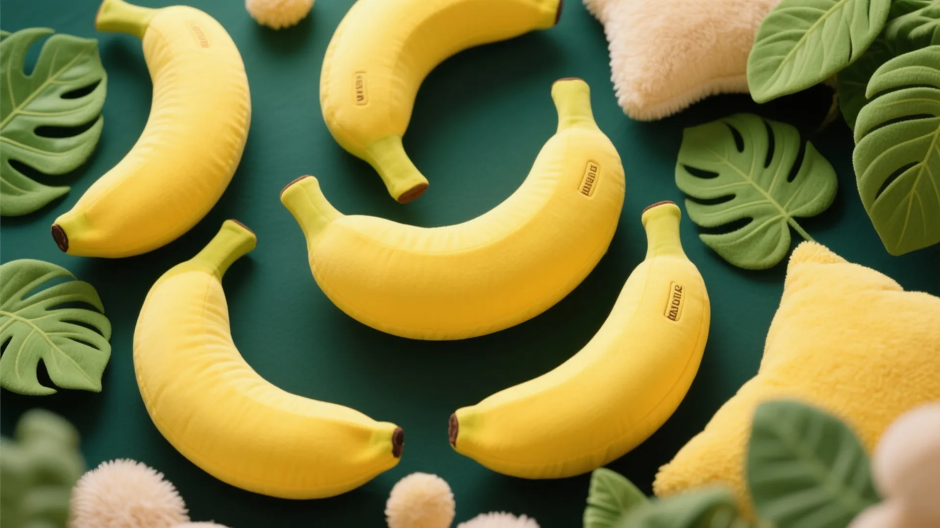 Banana-shaped cushions with tropical leaf patterns