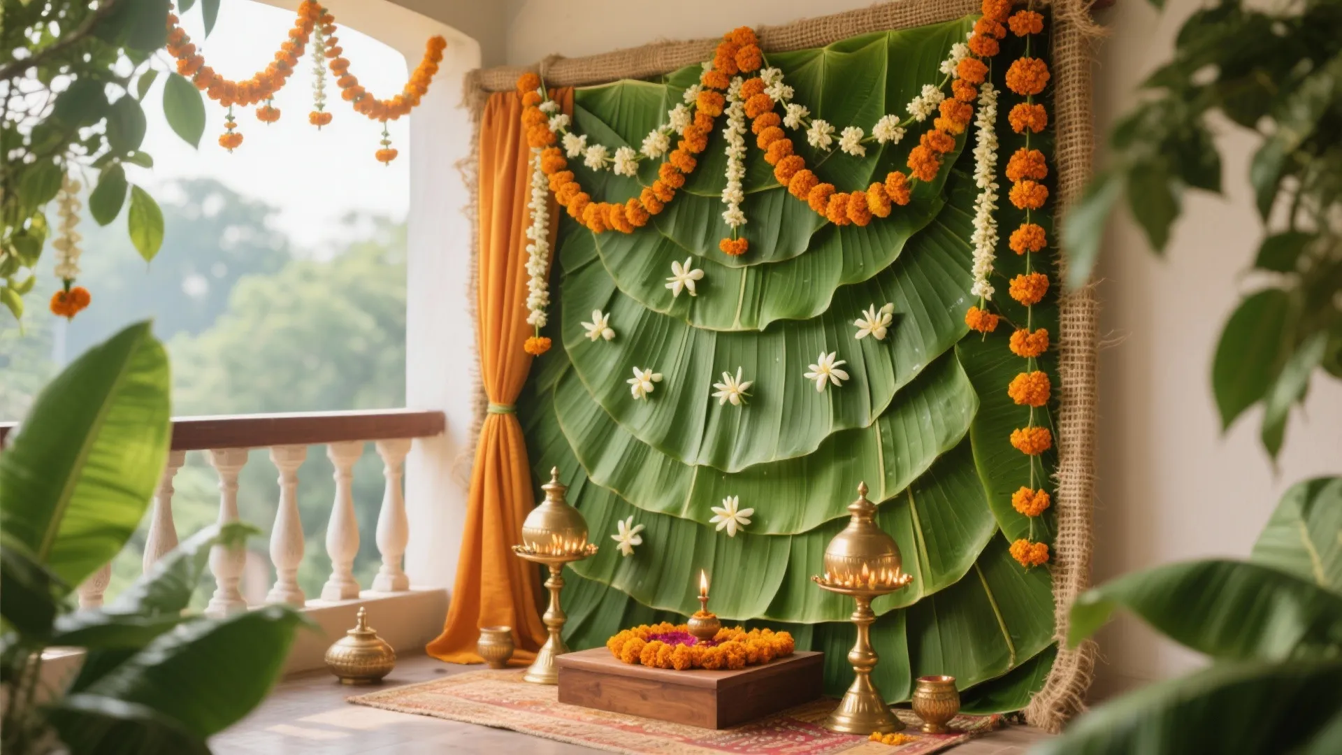 Green and Floral Backdrop: Banana Leaves, Jasmine, and Marigolds