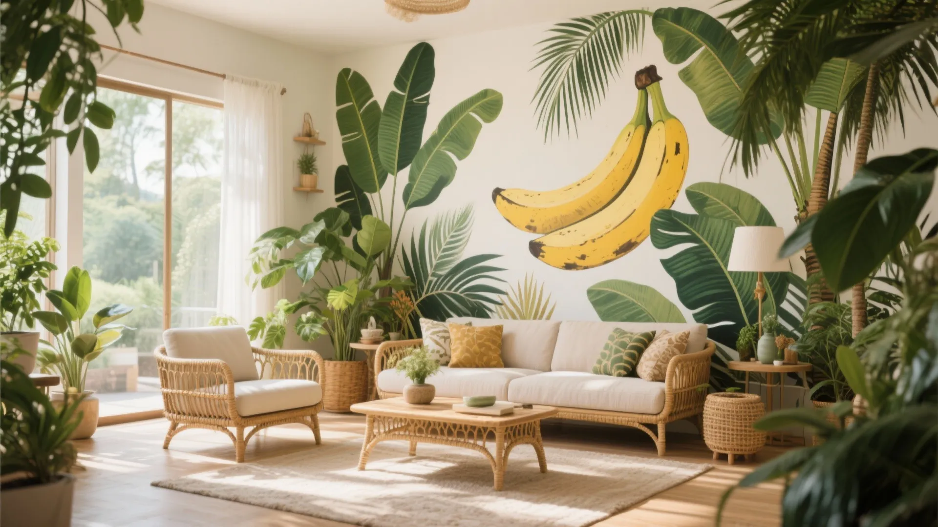 Living room with banana leaf mural and tropical decor