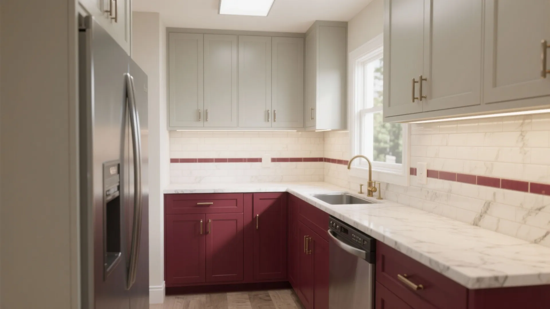 Modern kitchen with red base cabinets grey upper cabinets marble countertops white wall tiles and sink