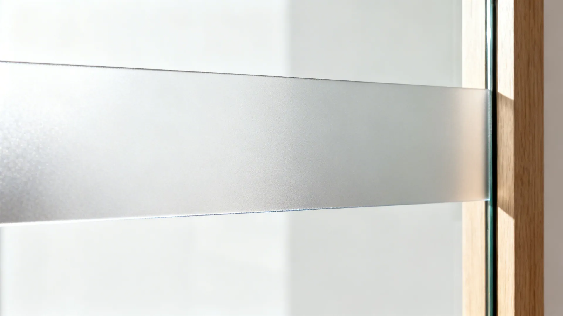 Close up view of frosted glass panel with clear edge strip and light wood door