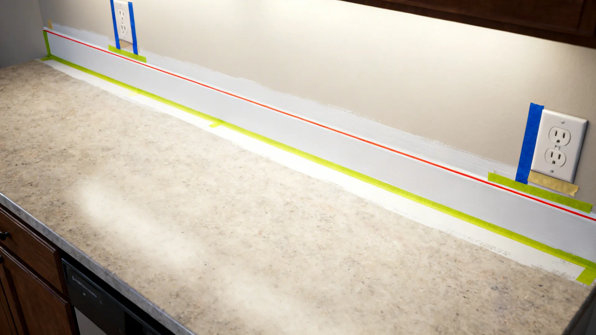 Top-down view of counter and wall with precisely masked lines for a painted band.