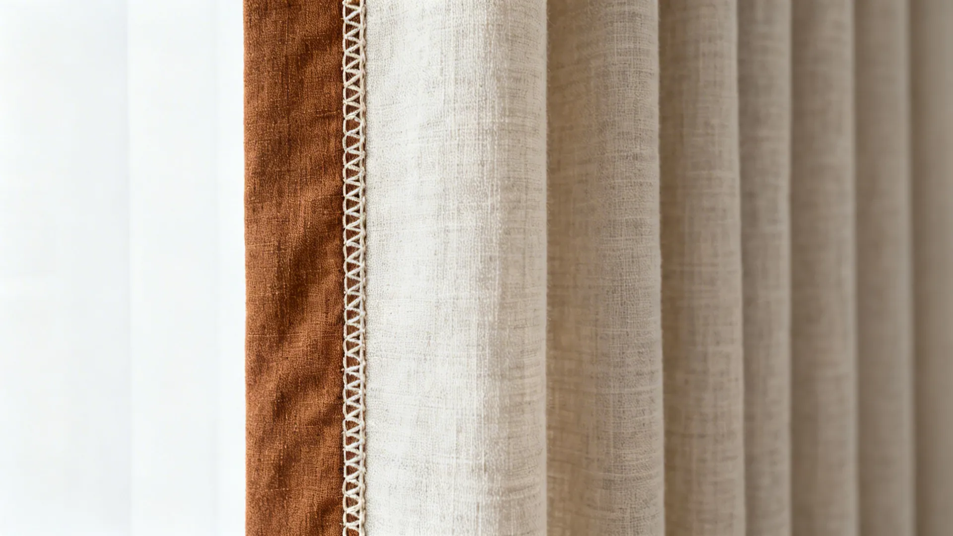 Macro of drapery leading edge with 8-inch linen banding in walnut tone.