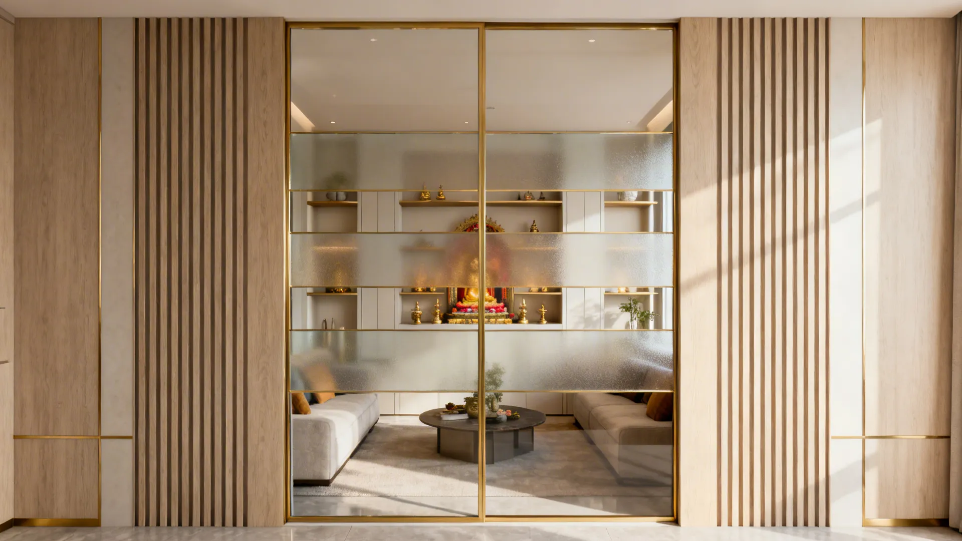 Gold framed sliding glass door with frosted bands opening into a modern living room design area